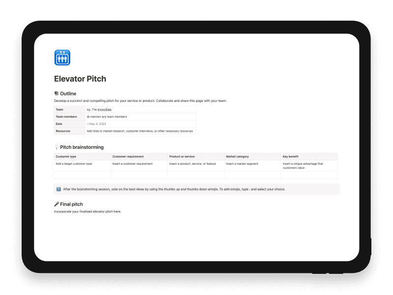 Elevator Pitch Notion Template