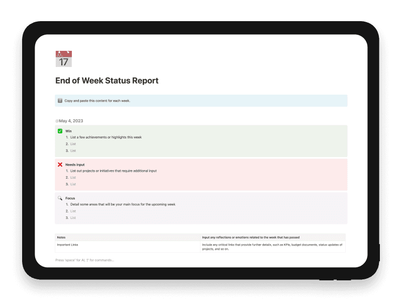 End of Week Status Report Notion Template