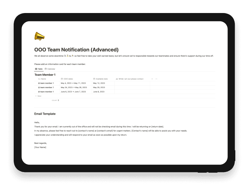 OOO Team Notification (Advanced) Notion Template
