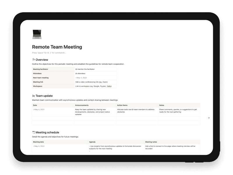 Remote Team Meeting Notion Template